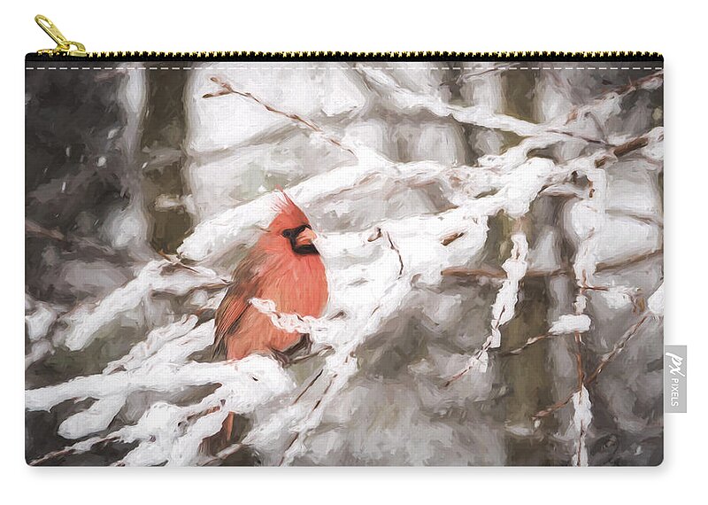 Northern Cardinal Zip Pouch featuring the photograph Northern Cardinal in Snow #1 by David Kay