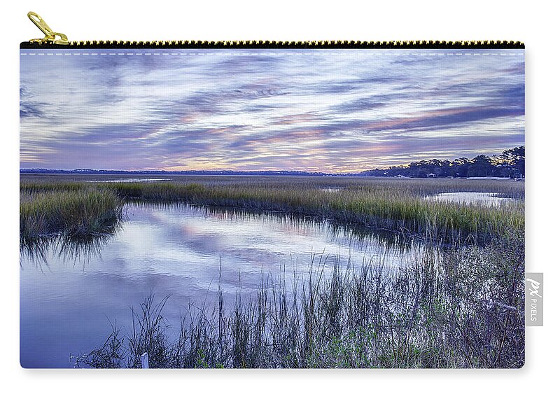 Oak Island Zip Pouch featuring the photograph Oak Island Marsh Sunrise by Nick Noble
