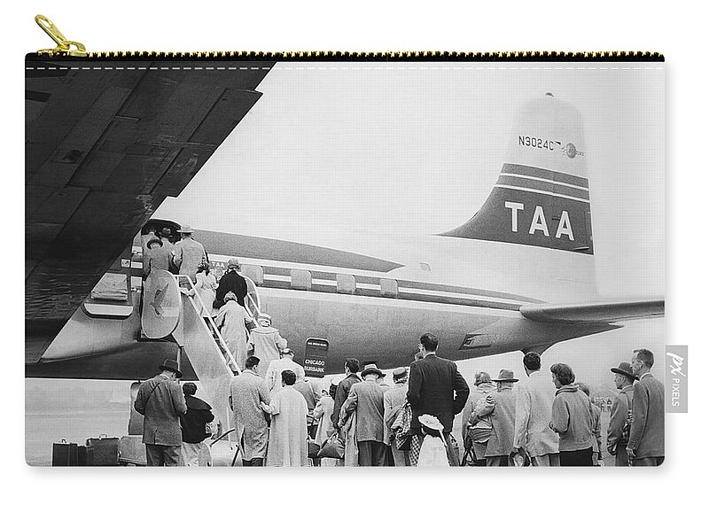 1950s Zip Pouch featuring the photograph Passengers Boarding Airplane #1 by Underwood Archives