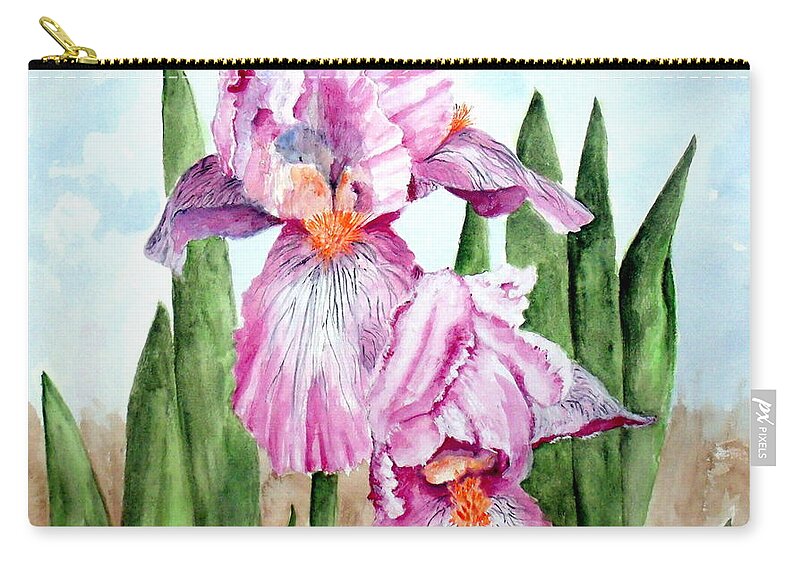 Flower Zip Pouch featuring the painting Pink Iris #1 by Carol Grimes