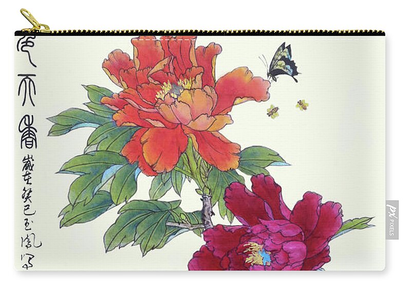 Red Peonies Zip Pouch featuring the painting Red Peonies #1 by Yufeng Wang
