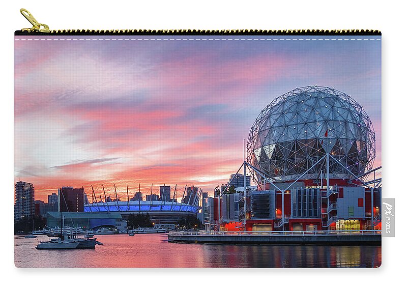 Canada Zip Pouch featuring the photograph Science World and BC Place Stadium at Sunset. Vancouver, BC by Rick Deacon