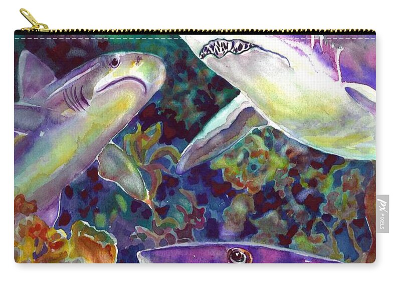 Watercolor Zip Pouch featuring the painting Sharks #1 by Ann Nicholson