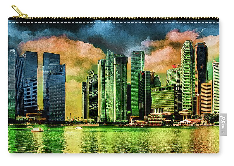Cityscape Zip Pouch featuring the mixed media Singapore Skyline #1 by Joseph Hollingsworth