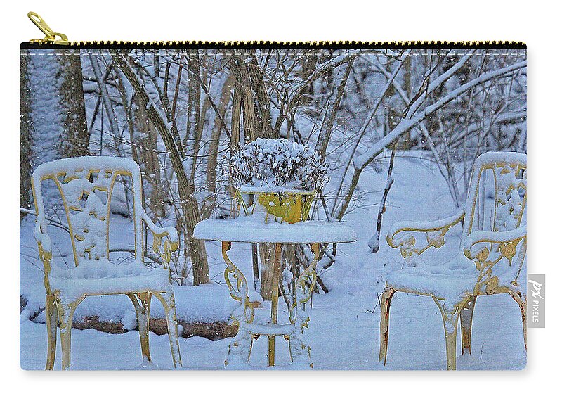 Snowy Sit A Spell Carry-all Pouch featuring the photograph Snowy Sit a Spell by PJQandFriends Photography
