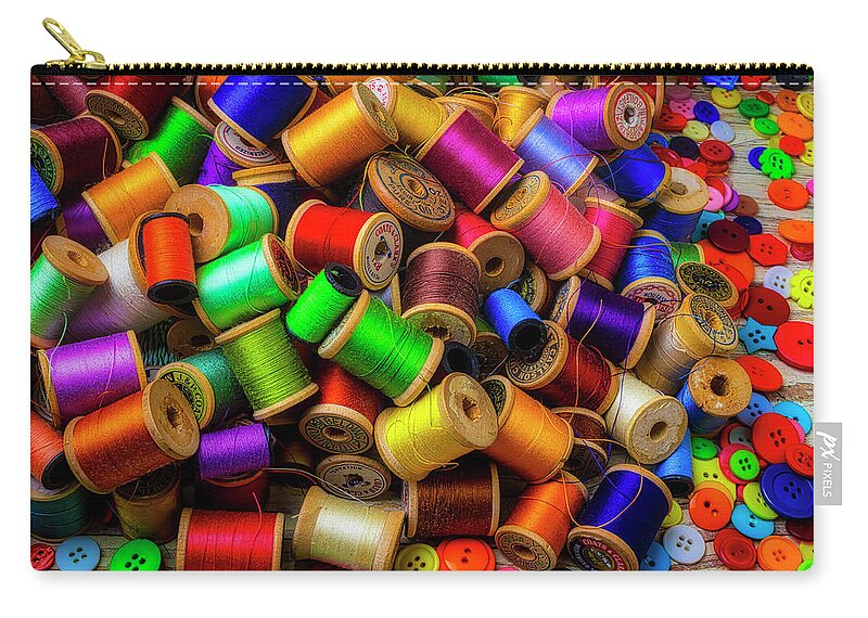Spools Zip Pouch featuring the photograph Spools Of Thread With Buttons #2 by Garry Gay