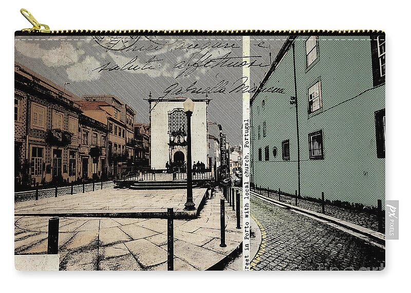 Street Zip Pouch featuring the digital art stylish retro postcard of Porto #6 by Ariadna De Raadt