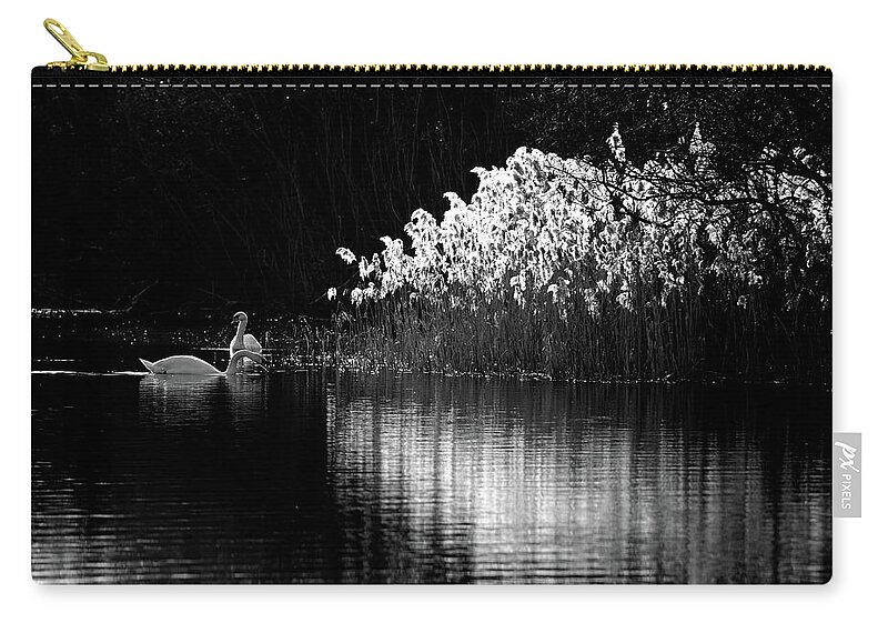 Swans Reeds Monochrome Zip Pouch featuring the photograph Swans and reeds #1 by Ian Sanders