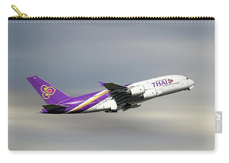 Thai Carry-all Pouch featuring the mixed media Thai Airways Airbus A380-841 by Smart Aviation