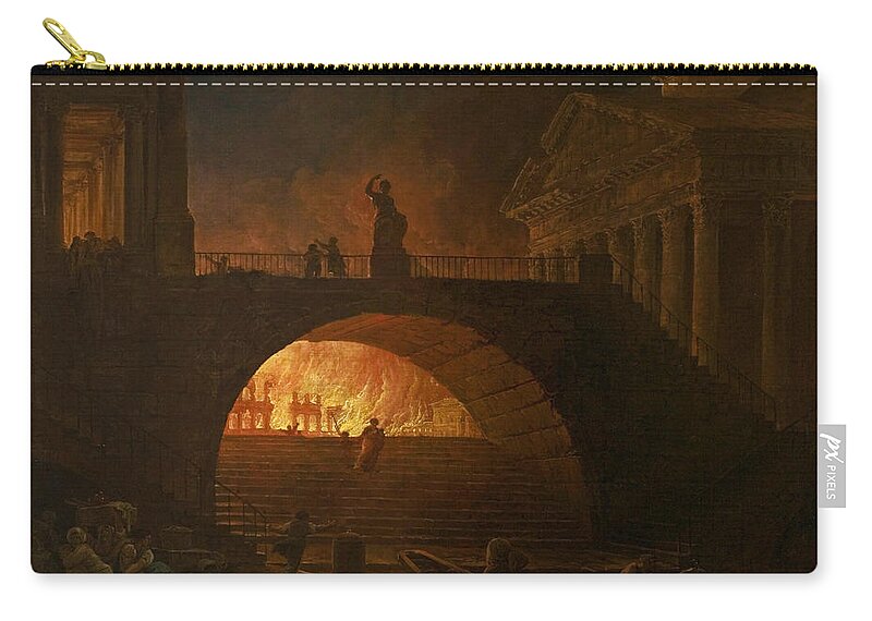 Hubert Robert Zip Pouch featuring the painting The Fire of Rome by Hubert Robert