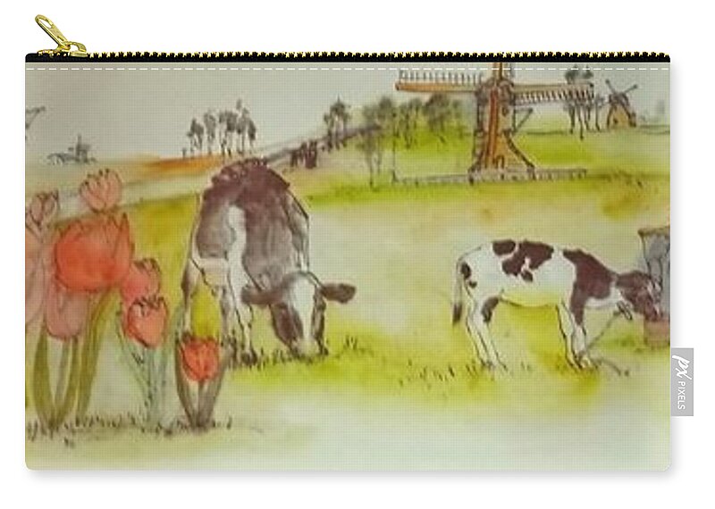 The Netherlands. Landscape. Cows. Sinterklauss. Zip Pouch featuring the painting the Netherlands scroll #1 by Debbi Saccomanno Chan