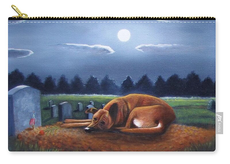 Dog On A Grave In A Cemetery. Moon Light Zip Pouch featuring the painting The Watchman by Gene Gregory