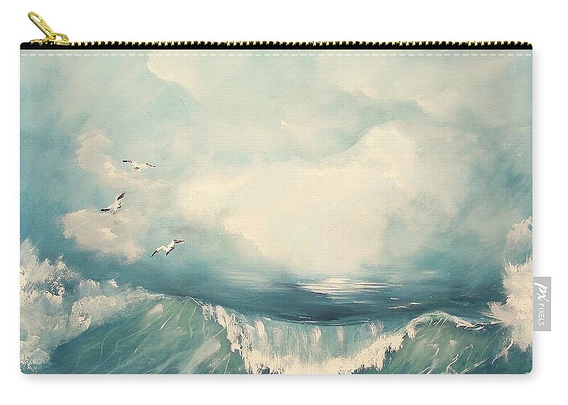Tide Ocean Wave Water Seascape Painting Acrylic On Canvas Cloud Blue Color Oceanview Seagull Seaside Atlantic Print Zip Pouch featuring the painting Tide #2 by Miroslaw Chelchowski