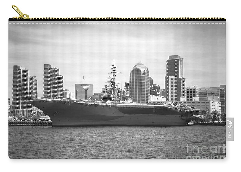 Black And White Zip Pouch featuring the photograph USS Midway Museum Cv 41 Aircraft Carrier #2 by Claudia Ellis