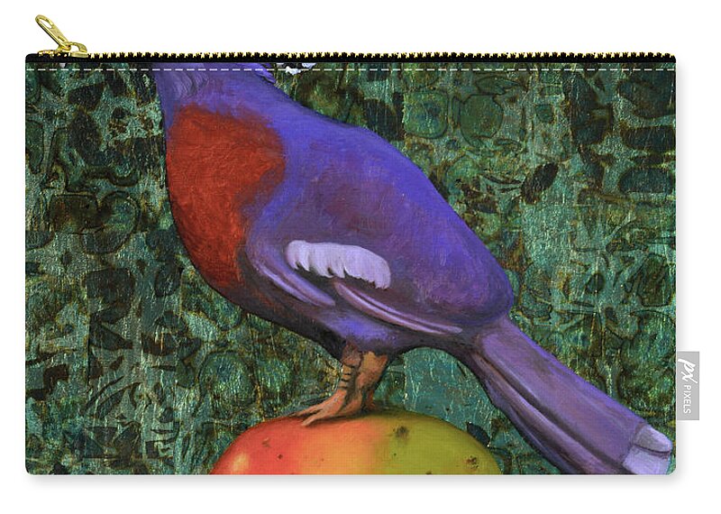 Victoria Crowned Pigeon Zip Pouch featuring the painting Victoria Crowned Pigeon On A Mango #2 by Leah Saulnier The Painting Maniac