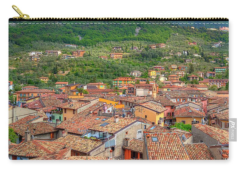 Architecture Zip Pouch featuring the photograph view over the red roofs of Malcesine at the east bank of the Lake Garda #1 by Gina Koch
