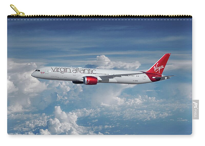 Virgin Atlantis Airlines Zip Pouch featuring the mixed media Virgin Atlantic Dreamliner by Erik Simonsen