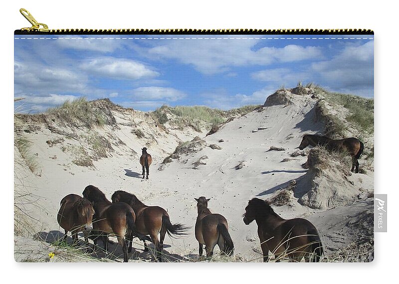 Noordhollandse Duinreservaat Zip Pouch featuring the photograph Wild horses in the Noordhollandse duinreservaat #1 by Chani Demuijlder