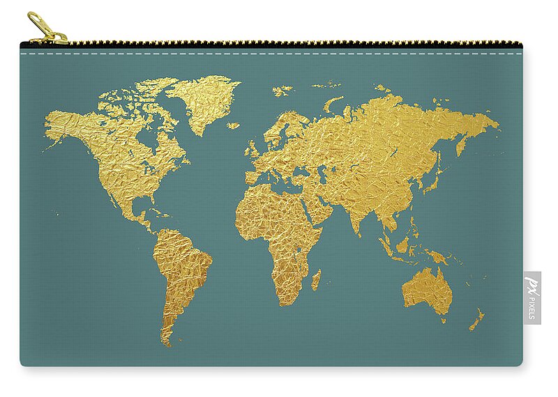 World Map Zip Pouch featuring the digital art World Map Gold Foil #1 by Michael Tompsett