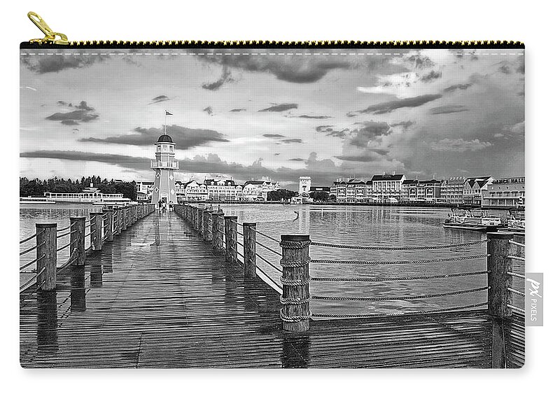 Black And White Zip Pouch featuring the photograph Yacht and Beach Lighthouse in Black and White Walt Disney World MP by Thomas Woolworth