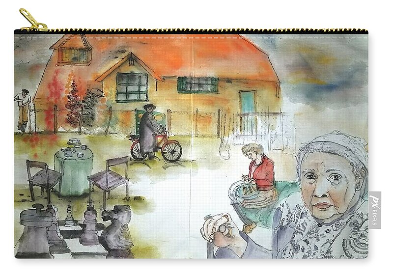 The Netherlands. Houses. Giant Chess. Biking. And Such Zip Pouch featuring the painting Land Of Clogs And Windmill Album #16 by Debbi Saccomanno Chan