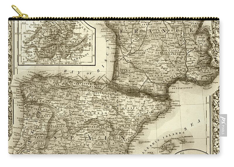 France Zip Pouch featuring the digital art 1800s France, Spain and Portugal County Map Sepia by Toby McGuire