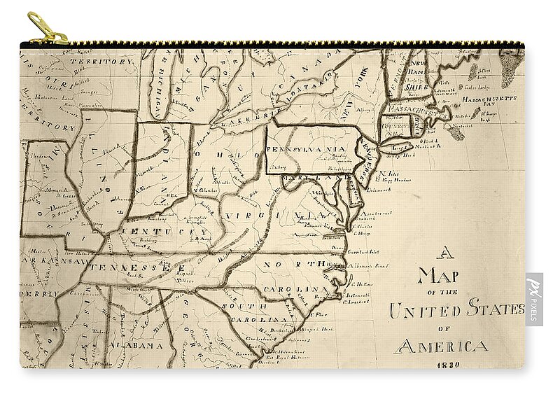 United Zip Pouch featuring the digital art 1830 Map of the United States Sepia by Toby McGuire