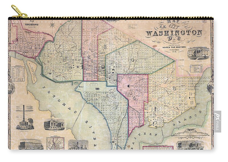 1822 Map Of Washington Dc Zip Pouch featuring the photograph 1851 Washington DC Map by Jon Neidert