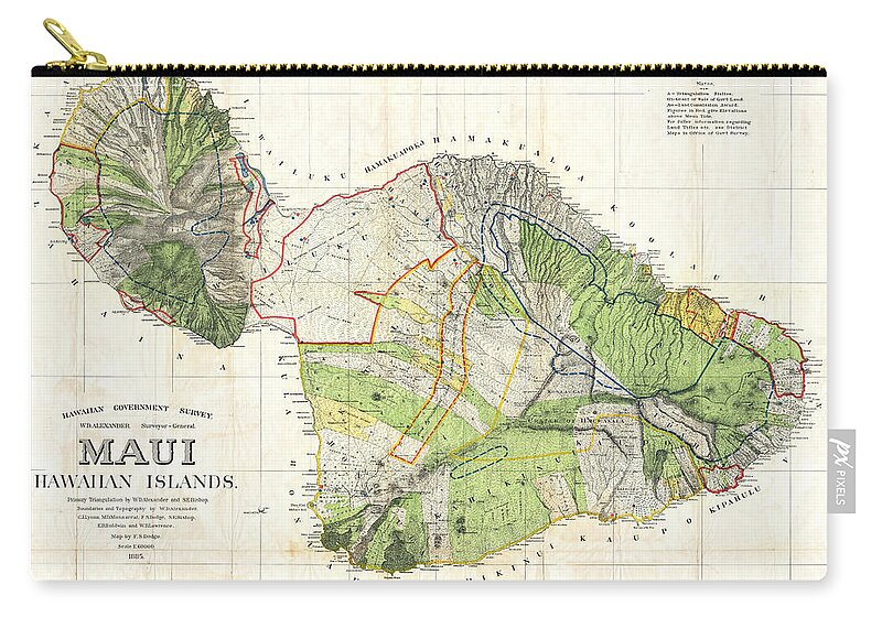 Maui Zip Pouch featuring the digital art 1855 Government Survey Map of Maui Hawaii Updated in 1903 by Toby McGuire