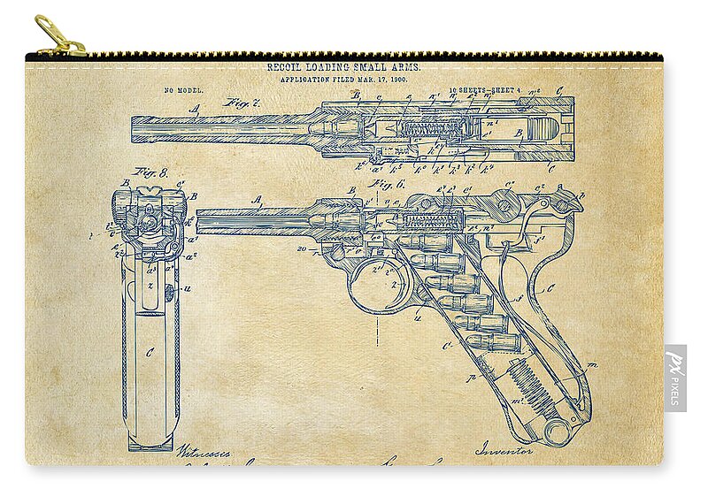 Luger Zip Pouch featuring the digital art 1904 Luger Recoil Loading Small Arms Patent - Vintage by Nikki Marie Smith
