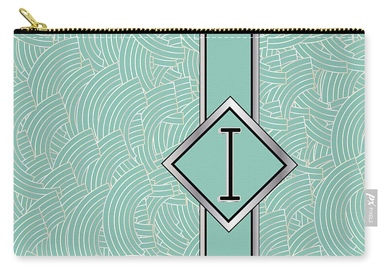 Monogrammed Zip Pouch featuring the digital art 1920s Blue Deco Jazz Swing Monogram ...letter i by Cecely Bloom