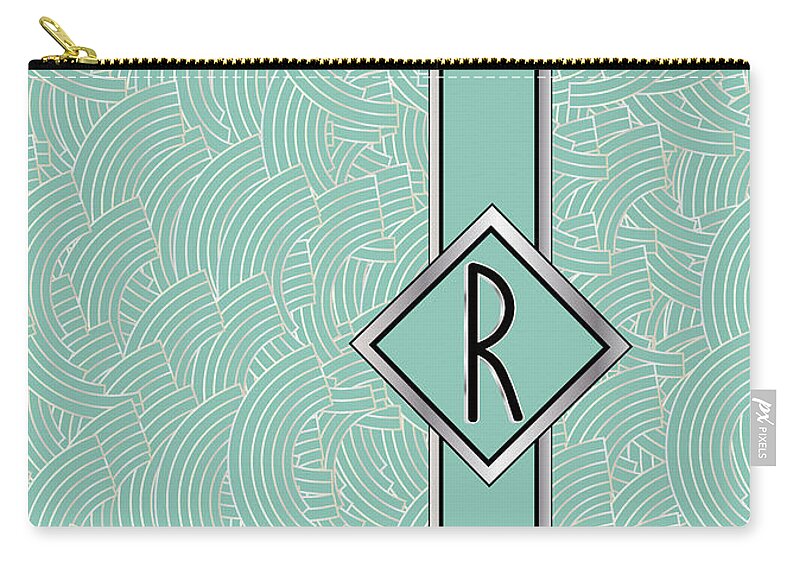 Monogrammed Zip Pouch featuring the digital art 1920s Blue Deco Jazz Swing Monogram ...letter R by Cecely Bloom