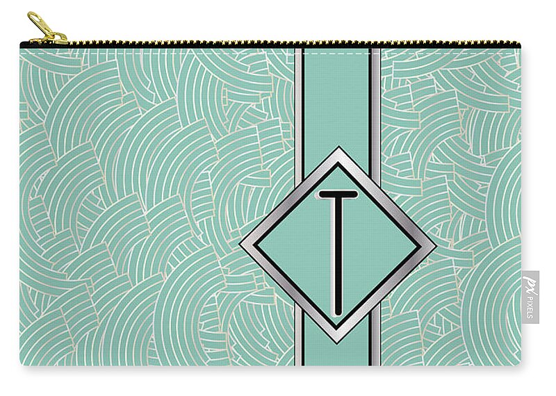 Monogrammed Zip Pouch featuring the digital art 1920s Blue Deco Jazz Swing Monogram ...letter T by Cecely Bloom