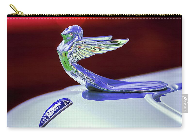 1933 Plymouth Hood Ornament Zip Pouch featuring the photograph 1933 Plymouth Hood Ornament -0121rc by Jill Reger