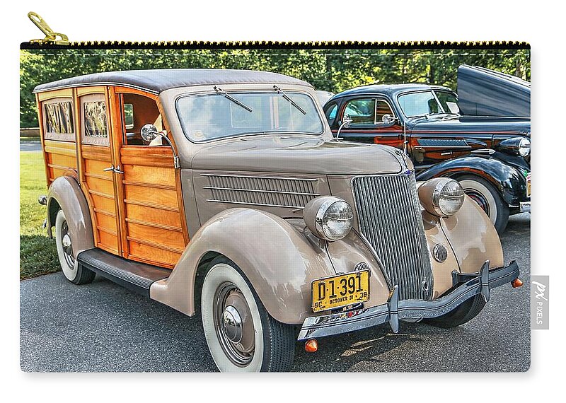 1936 Ford V8 Woody Station Wagon Zip Pouch featuring the photograph 1936 Ford V8 Woody Station Wagon by Carol Montoya