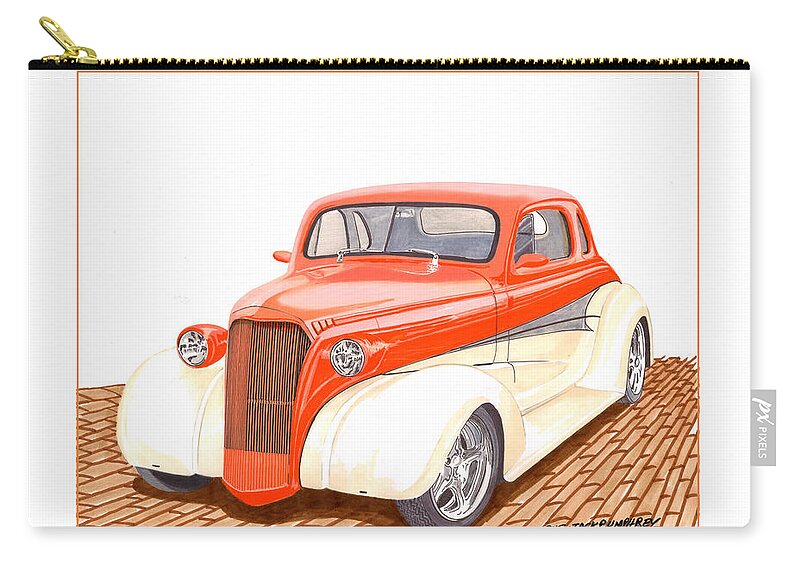 This Watercolor & Ink Painting Of A 1937 Chevrolet Coupe Is A Full Frame Restoration Zip Pouch featuring the painting 1937 Chevrolet street rod by Jack Pumphrey