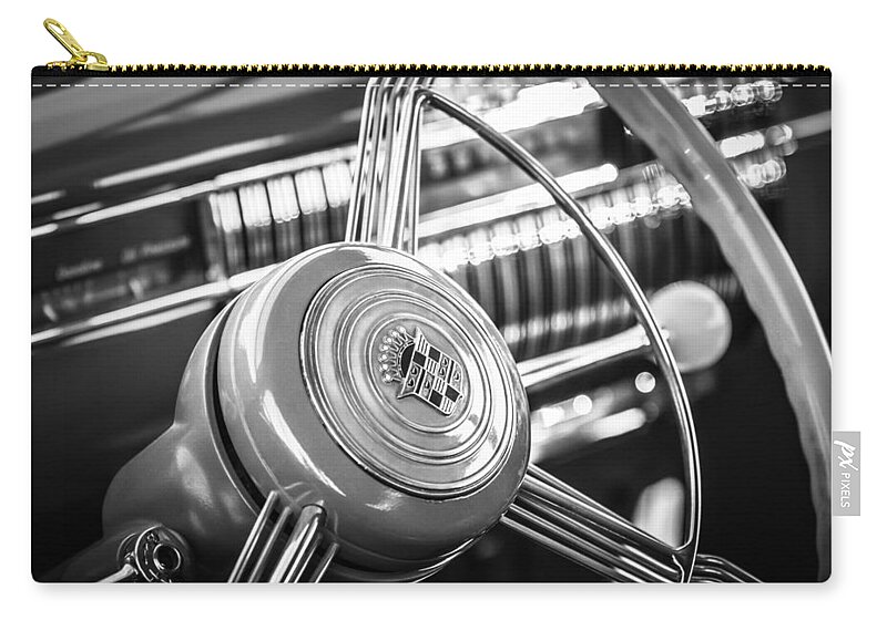 1940 Cadillac 60 Special Sedan Steering Wheel Zip Pouch featuring the photograph 1940 Cadillac 60 Special Sedan Steering Wheel -197bw by Jill Reger
