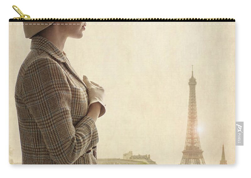 1940's Zip Pouch featuring the photograph 1940s Woman With Cloche Hat In Paris With Eiffel Tower by Lee Avison
