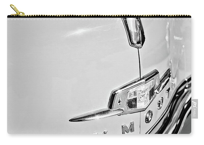 1950 Plymouth Coupe Hood Ornament Zip Pouch featuring the photograph 1950 Plymouth Coupe Hood Ornament - Emblem -0116bw by Jill Reger