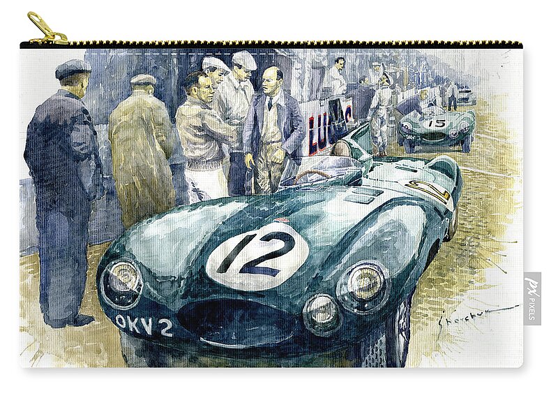 Shevchukart Zip Pouch featuring the painting 1954 Le Mans 24 Jaguar D type Short Nose Stirling Moss Peter Walker by Yuriy Shevchuk
