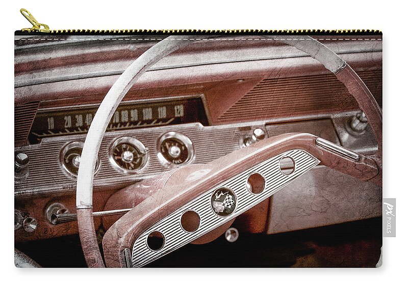 1961 Chevrolet Impala Ss Steering Wheel Emblem Zip Pouch featuring the photograph 1961 Chevrolet Impala SS Steering Wheel Emblem -1156ac by Jill Reger