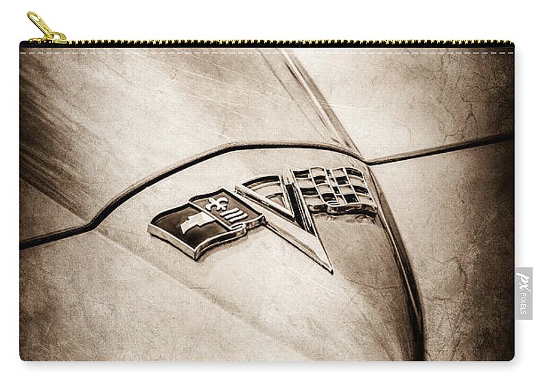 1964 Chevrolet Corvette Sting Ray Gm Styling Coupe Hood Emblem Zip Pouch featuring the photograph 1964 Chevrolet Corvette Sting Ray GM Styling Coupe Hood Emblem -0111s by Jill Reger