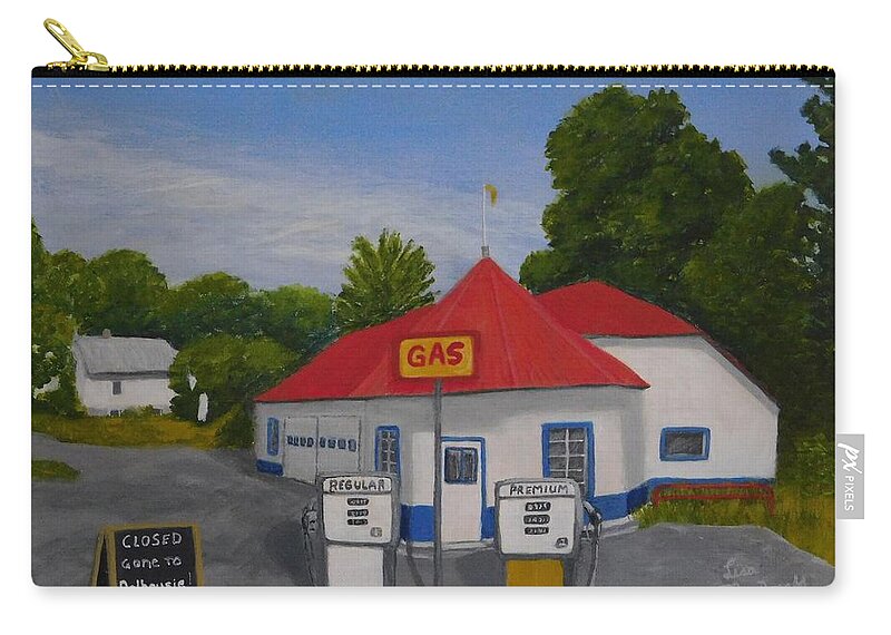 Landscape Zip Pouch featuring the painting 1970s Gas Station by Lisa MacDonald