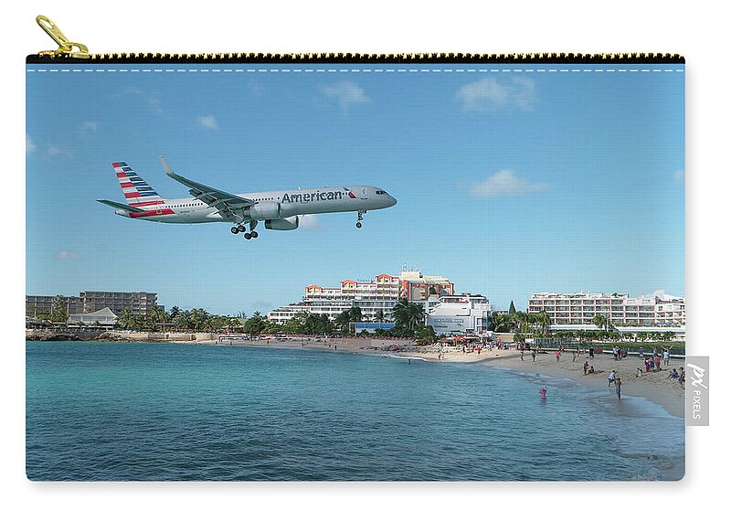 American Airlines Zip Pouch featuring the photograph American Airlines landing at St. Maarten #2 by David Gleeson