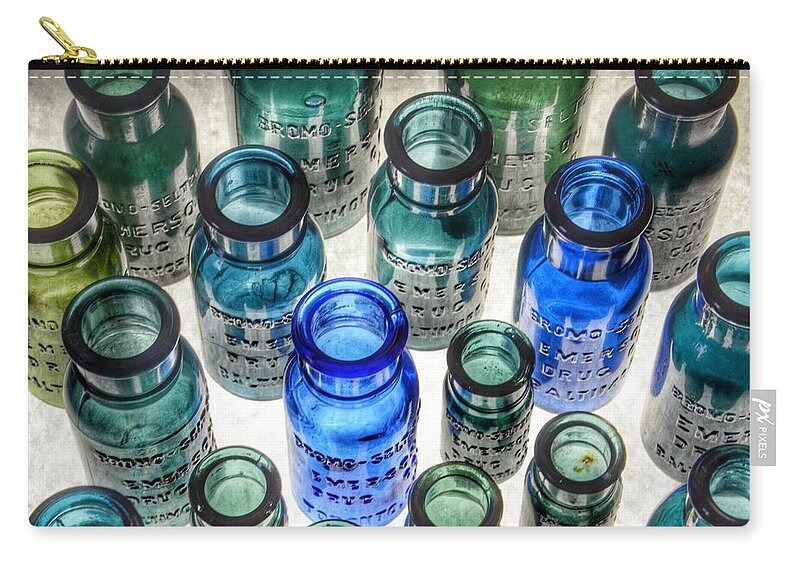 Bromo Seltzer Vintage Glass Bottles Zip Pouch featuring the photograph Bromo Seltzer Vintage Glass Bottles Collection - Rare Greens #2 by Marianna Mills