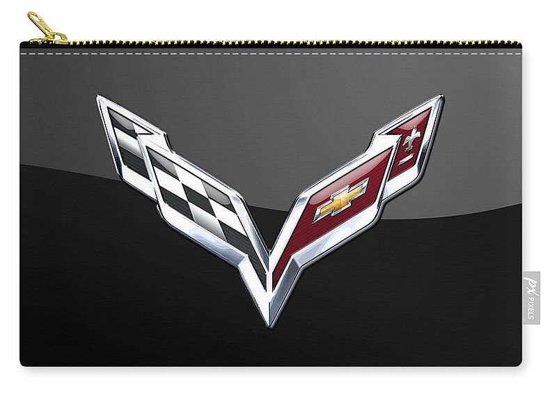 �wheels Of Fortune� Collection By Serge Averbukh Zip Pouch featuring the photograph Chevrolet Corvette 3D Badge on Black by Serge Averbukh