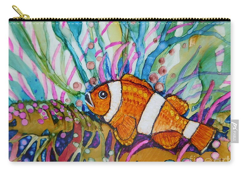 This Orange And White Clown Fish Swims Through The Rainbow-colored World Beneath The Reef. (the 8 X 6 Tile Looks Best When It Is Framed Mounted On Canvas Panel In A Standard 8 X 10 Frame.) Zip Pouch featuring the painting Clown Fish #2 by Joan Clear