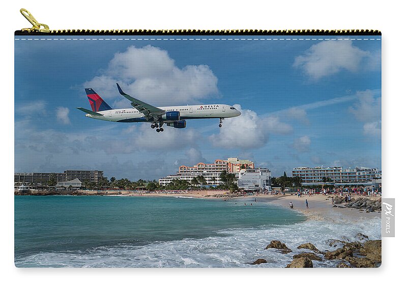 Delta Air Lines Zip Pouch featuring the photograph Delta Air Lines landing at St. Maarten #2 by David Gleeson