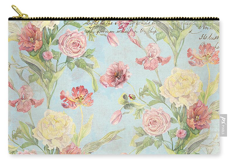 Peony Zip Pouch featuring the painting Fleurs de Pivoine - Watercolor in a French Vintage Wallpaper Style #2 by Audrey Jeanne Roberts
