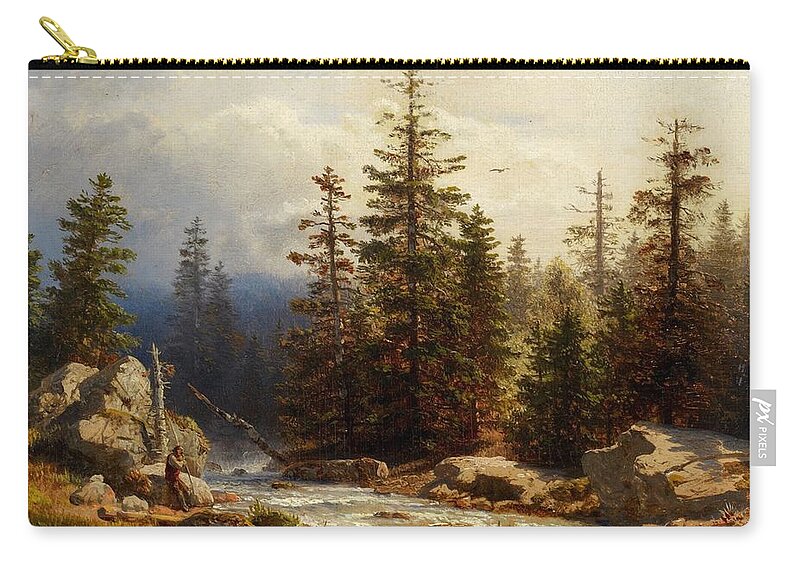 Andreas Achenbach Carry-all Pouch featuring the painting Forest Landscape with an Angler by MotionAge Designs